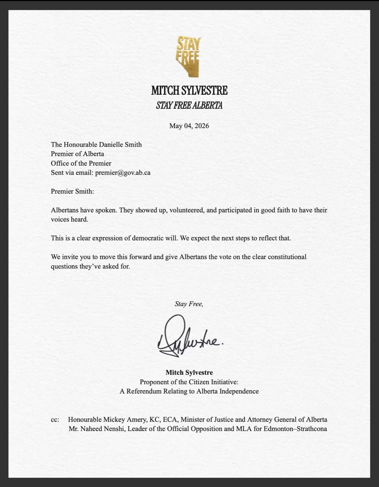 Letter to Premier Danielle Smith, May 4, 2026
