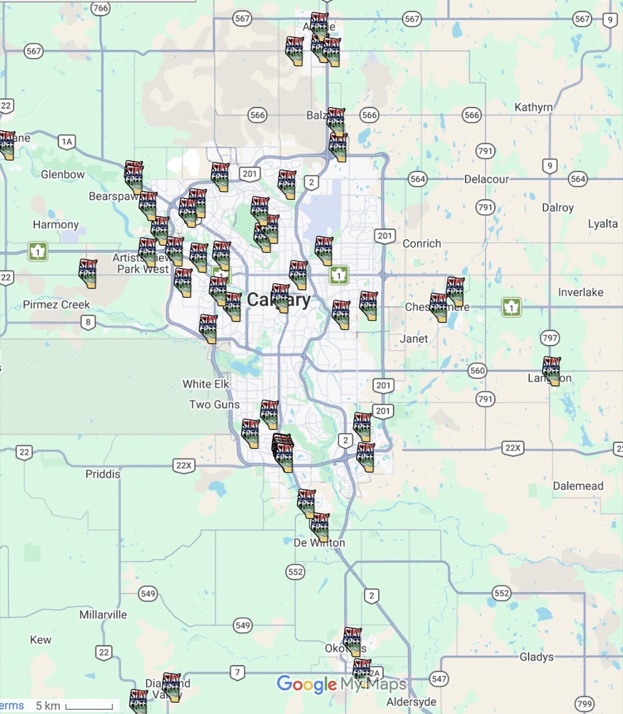 Map of signing locations in Calgary and area