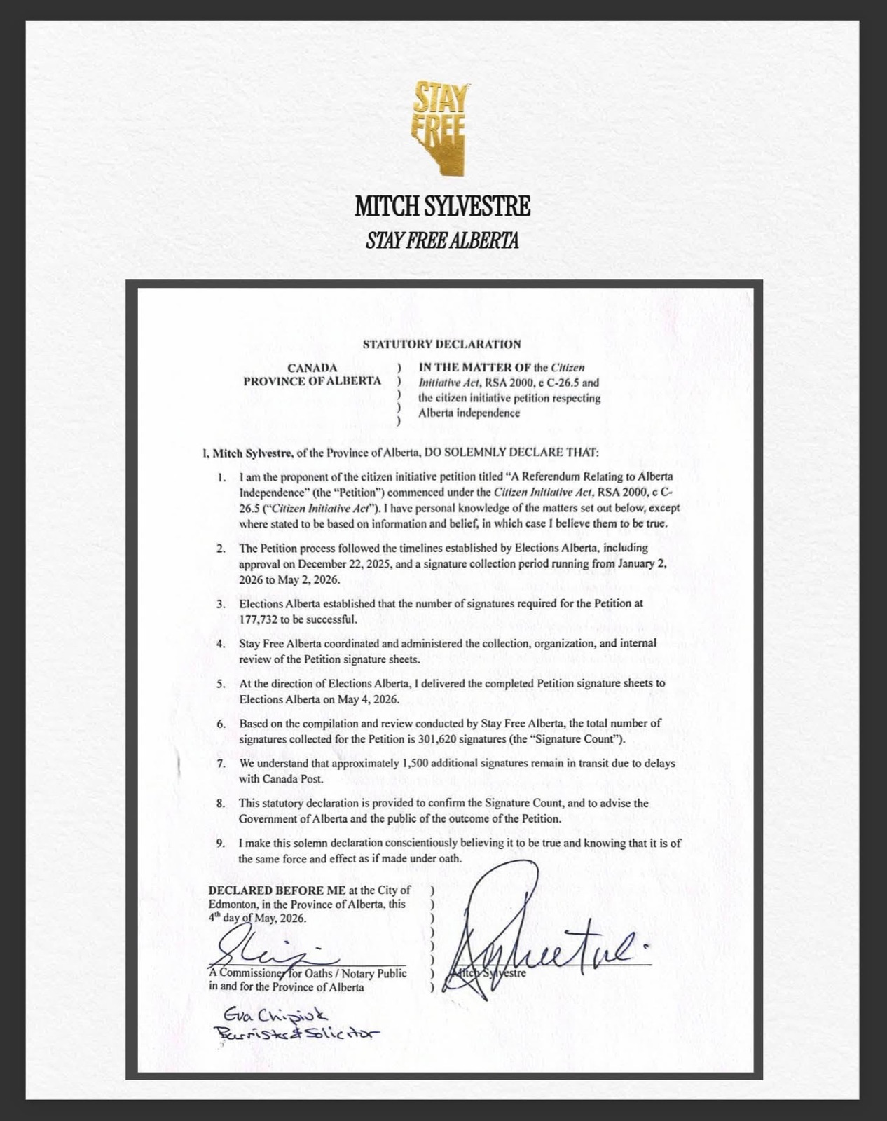 Statutory Declaration affirming 301,620 signatures